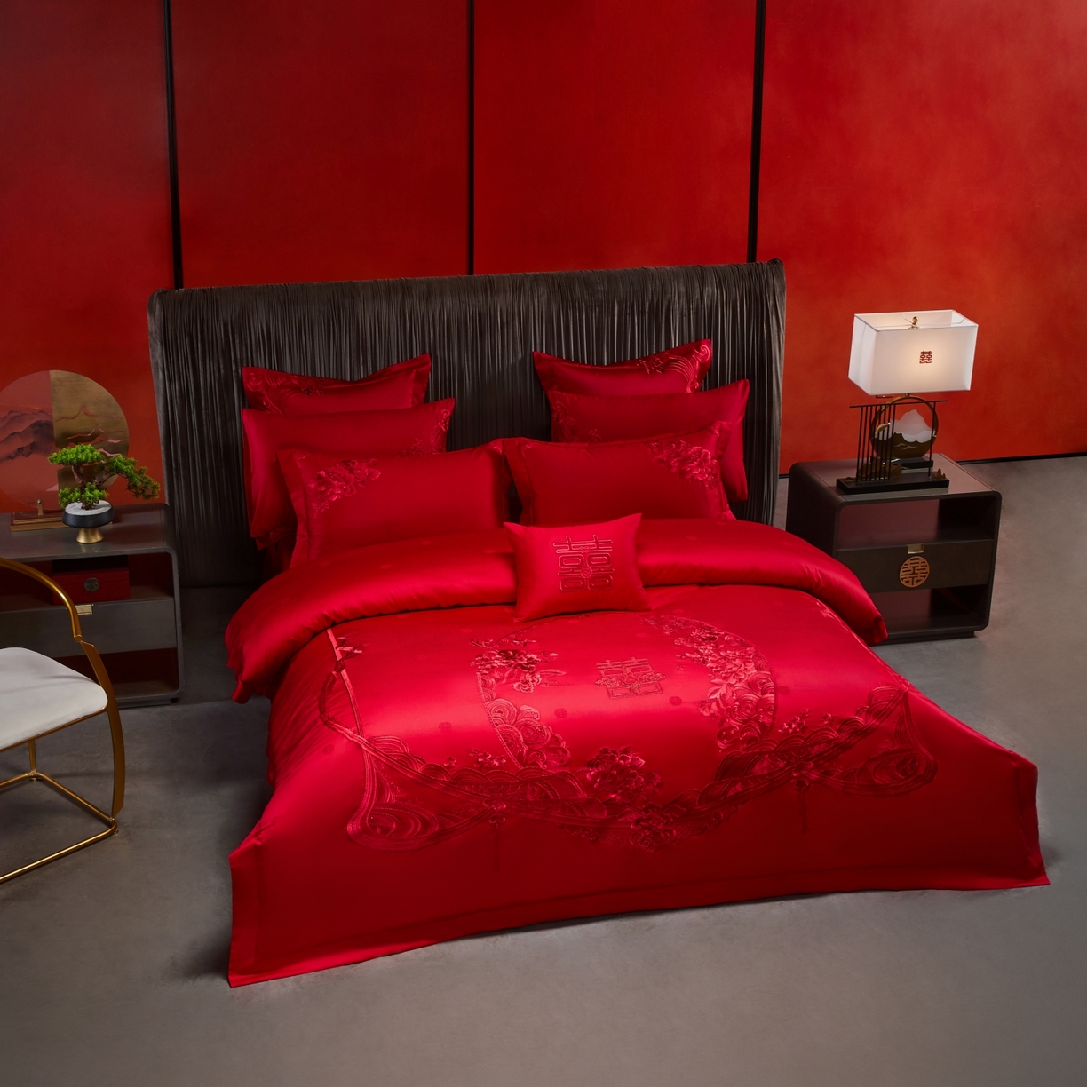 91家纺网 家纺一手货源 找家纺 宏羽纺家纺 2025新款高支高密纯棉婚庆系列四件套 花开富贵-大红