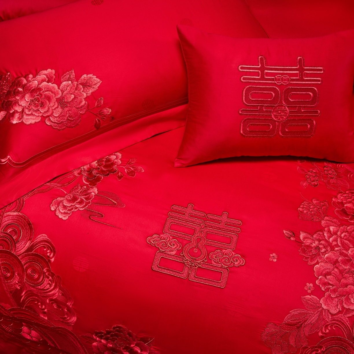 91家纺网 家纺一手货源 找家纺 宏羽纺家纺 2025新款高支高密纯棉婚庆系列四件套 花开富贵-大红