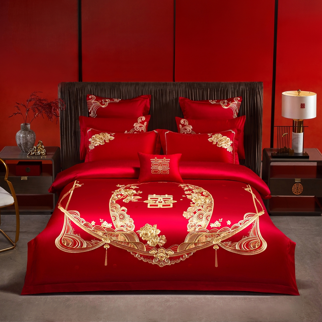 91家纺网 家纺一手货源 找家纺 宏羽纺家纺 2025新款高支高密纯棉婚庆系列四件套 花开富贵-金色