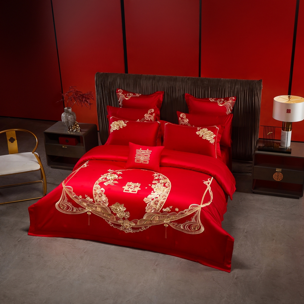 91家纺网 家纺一手货源 找家纺 宏羽纺家纺 2025新款高支高密纯棉婚庆系列四件套 花开富贵-金色