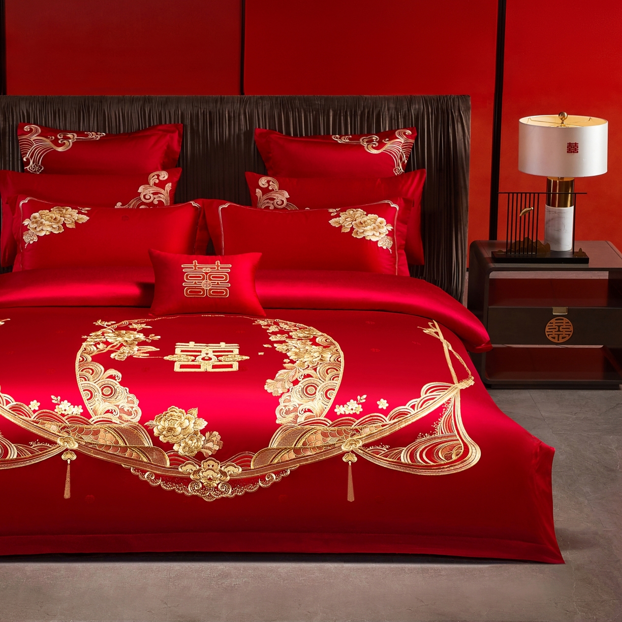 91家纺网 家纺一手货源 找家纺 宏羽纺家纺 2025新款高支高密纯棉婚庆系列四件套 花开富贵-金色