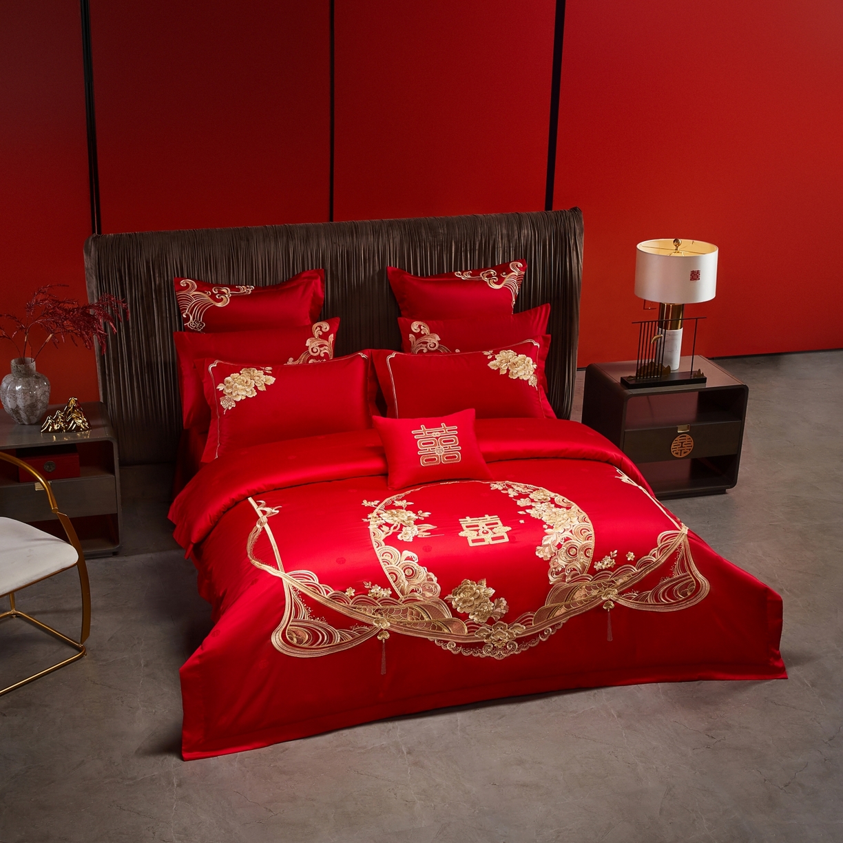 91家纺网 家纺一手货源 找家纺 宏羽纺家纺 2025新款高支高密纯棉婚庆系列四件套 花开富贵-金色