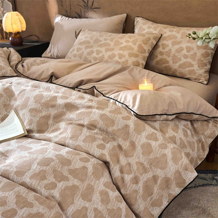 兰紫橙家纺 2025新款全棉纯棉嵌边色织提花四件套 罗曼人生-卡其