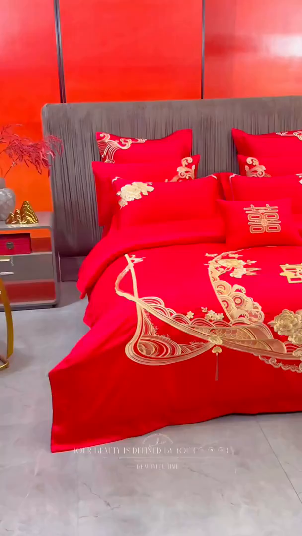 91家纺网 家纺一手货源 找家纺 宏羽纺家纺 2025新款高支高密纯棉婚庆系列四件套 花开富贵-金色