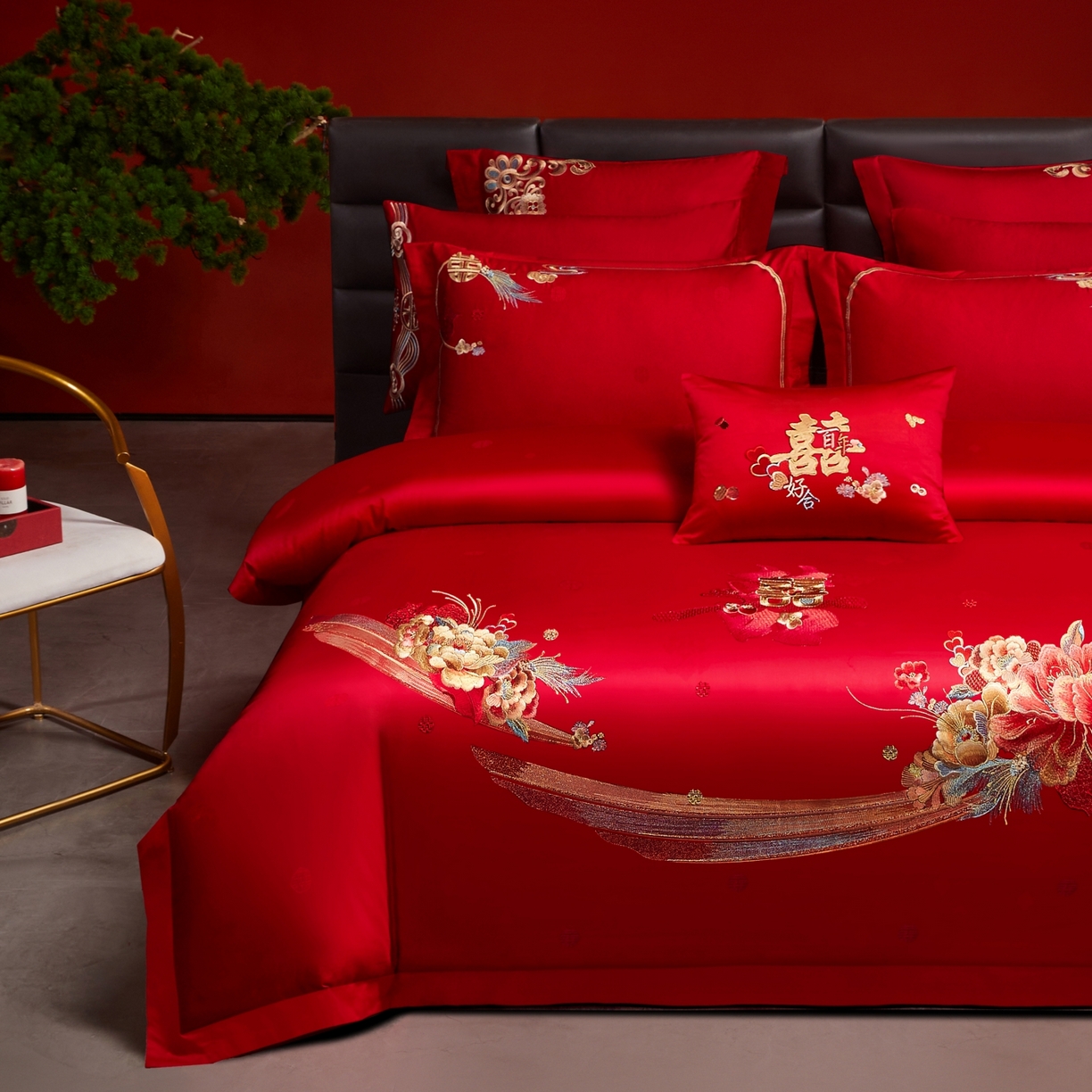 91家纺网 家纺一手货源 找家纺 宏羽纺家纺 2025新款高支高密纯棉婚庆系列四件套 浪漫相随