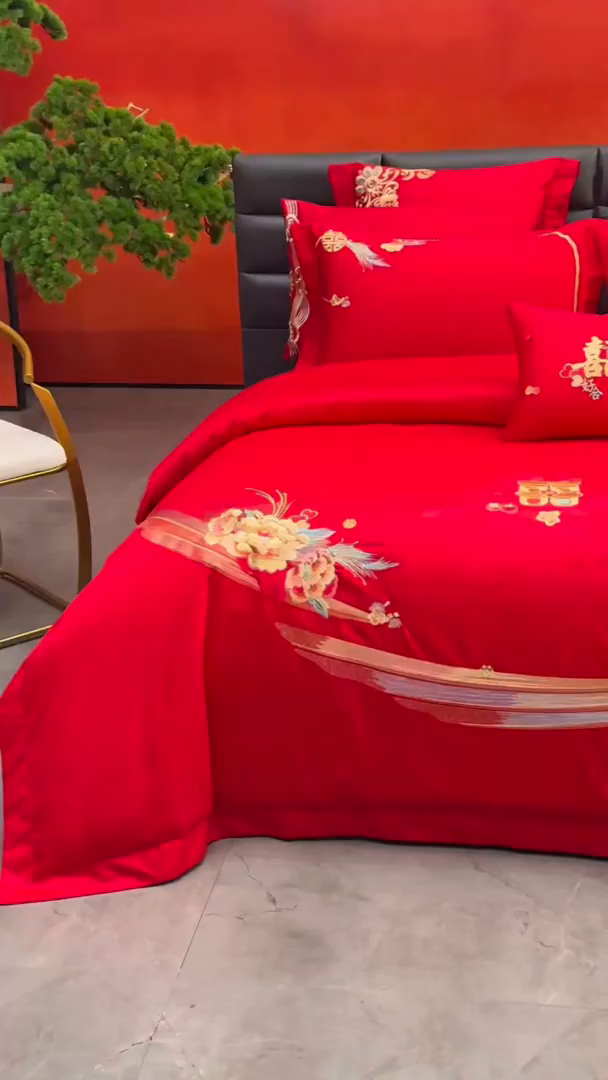91家纺网 家纺一手货源 找家纺 宏羽纺家纺 2025新款高支高密纯棉婚庆系列四件套 浪漫相随