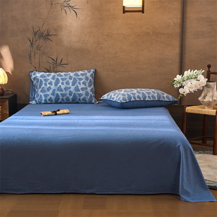 91家纺网 家纺一手货源 找家纺 兰紫橙家纺 2025新款全棉纯棉嵌边色织提花四件套 罗曼人生-牛仔蓝