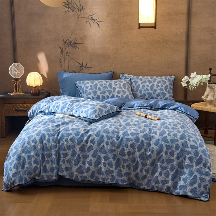 91家纺网 家纺一手货源 找家纺 兰紫橙家纺 2025新款全棉纯棉嵌边色织提花四件套 罗曼人生-牛仔蓝