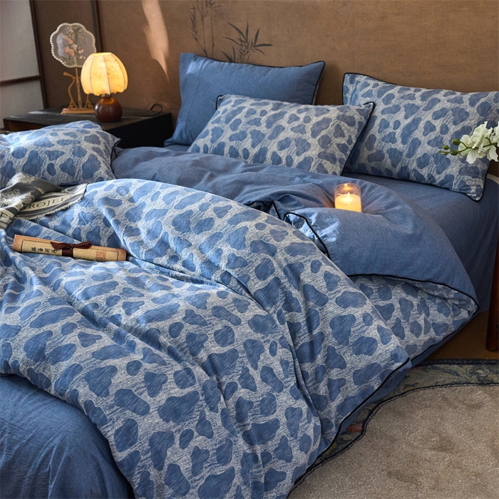 91家纺网 家纺一手货源 找家纺 兰紫橙家纺 2025新款全棉纯棉嵌边色织提花四件套 罗曼人生-牛仔蓝