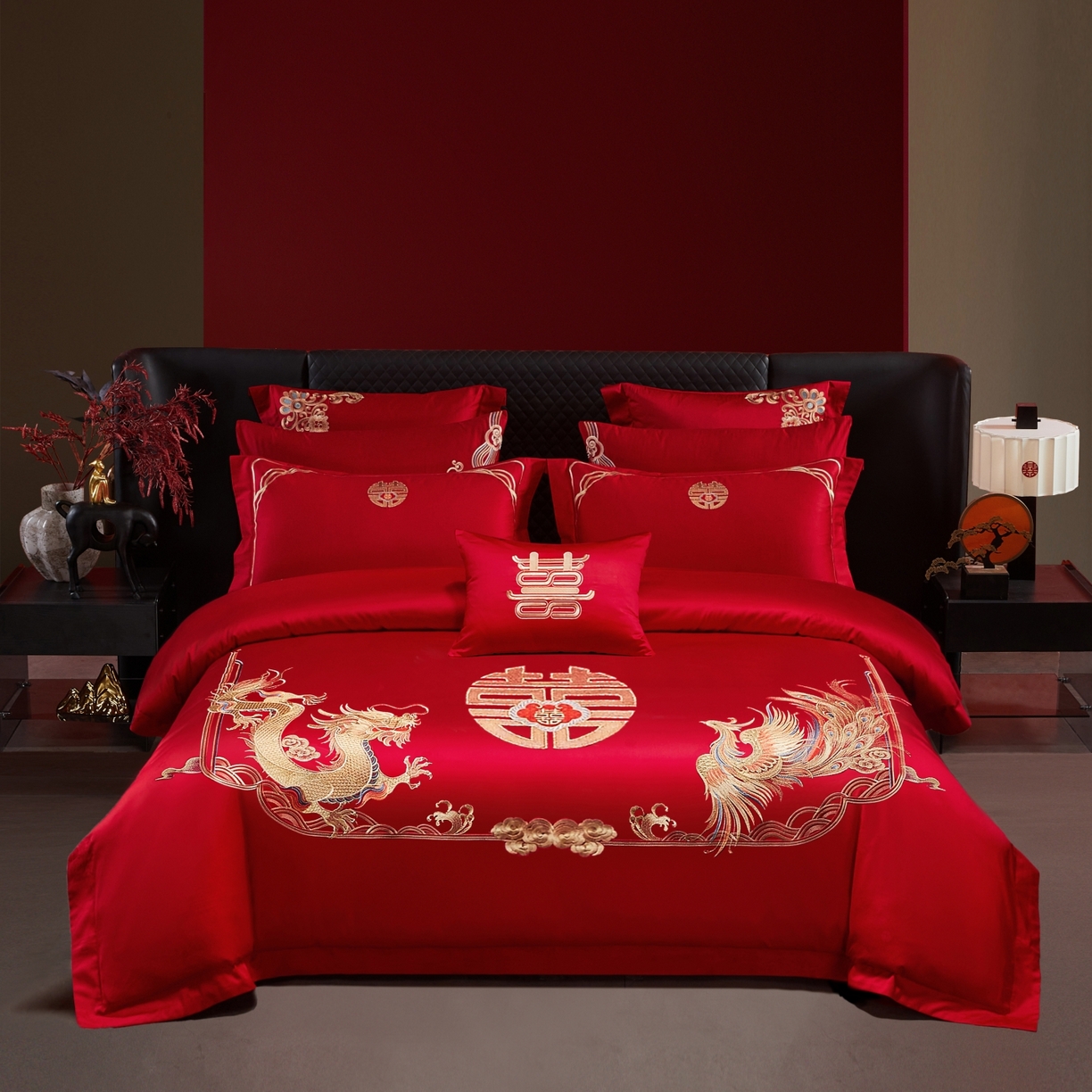 91家纺网 家纺一手货源 找家纺 宏羽纺家纺 2025新款高支高密纯棉婚庆系列四件套 龙凤情-金色