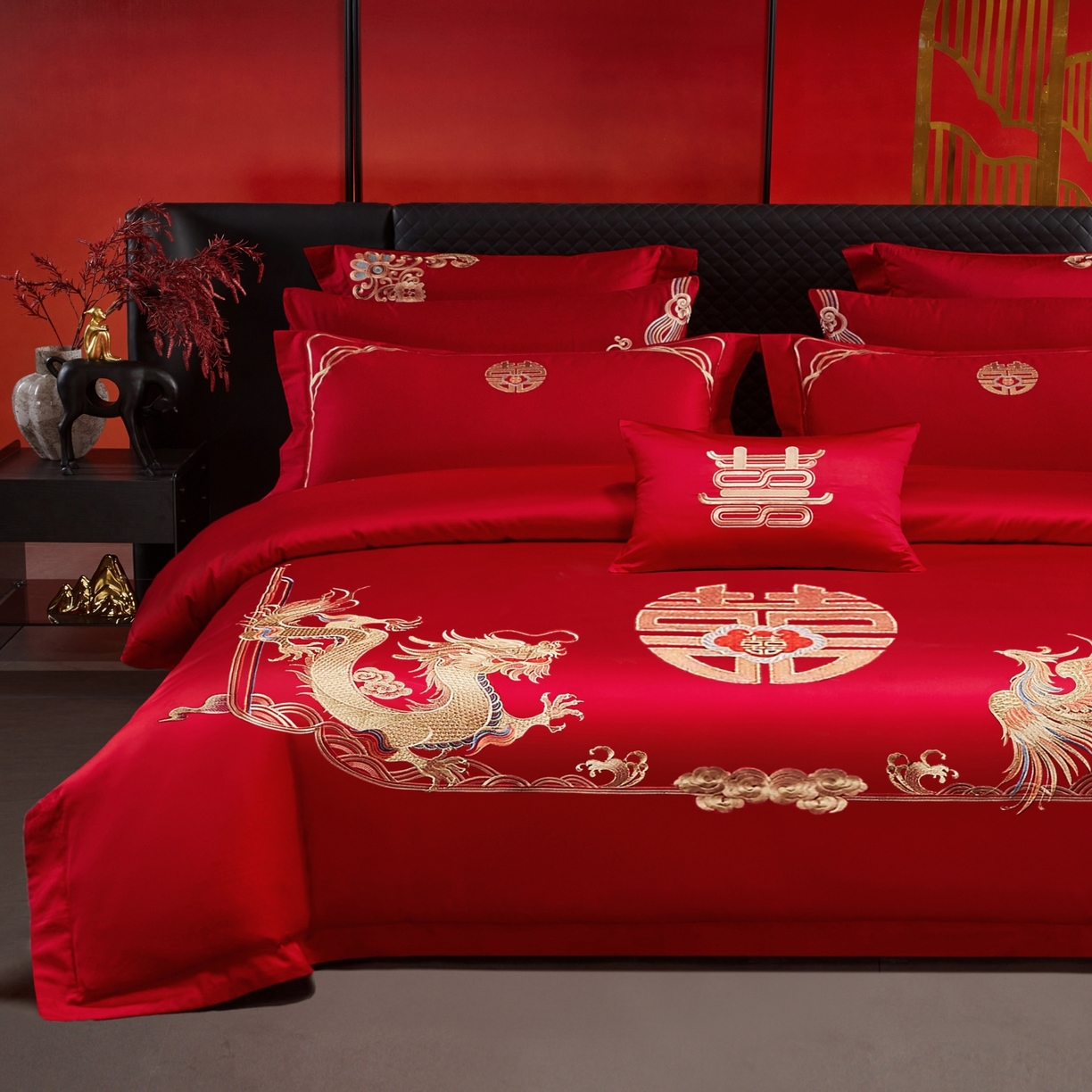 91家纺网 家纺一手货源 找家纺 宏羽纺家纺 2025新款高支高密纯棉婚庆系列四件套 龙凤情-金色