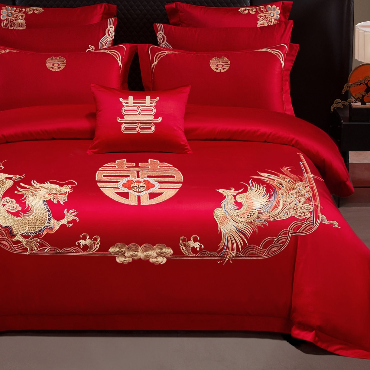 91家纺网 家纺一手货源 找家纺 宏羽纺家纺 2025新款高支高密纯棉婚庆系列四件套 龙凤情-金色