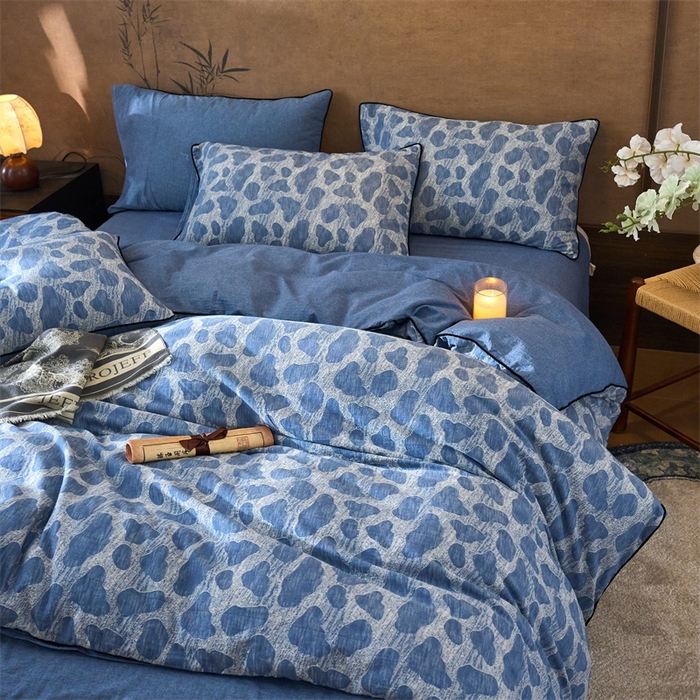 91家纺网 家纺一手货源 找家纺 兰紫橙家纺 2025新款全棉纯棉嵌边色织提花四件套 罗曼人生-牛仔蓝