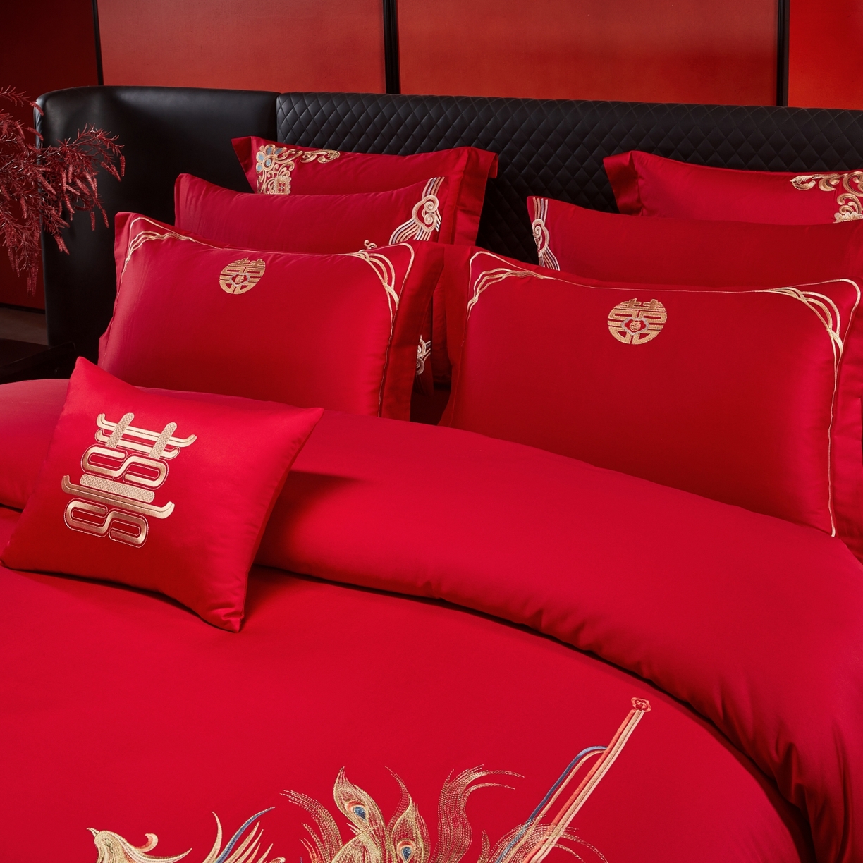 91家纺网 家纺一手货源 找家纺 宏羽纺家纺 2025新款高支高密纯棉婚庆系列四件套 龙凤情-金色