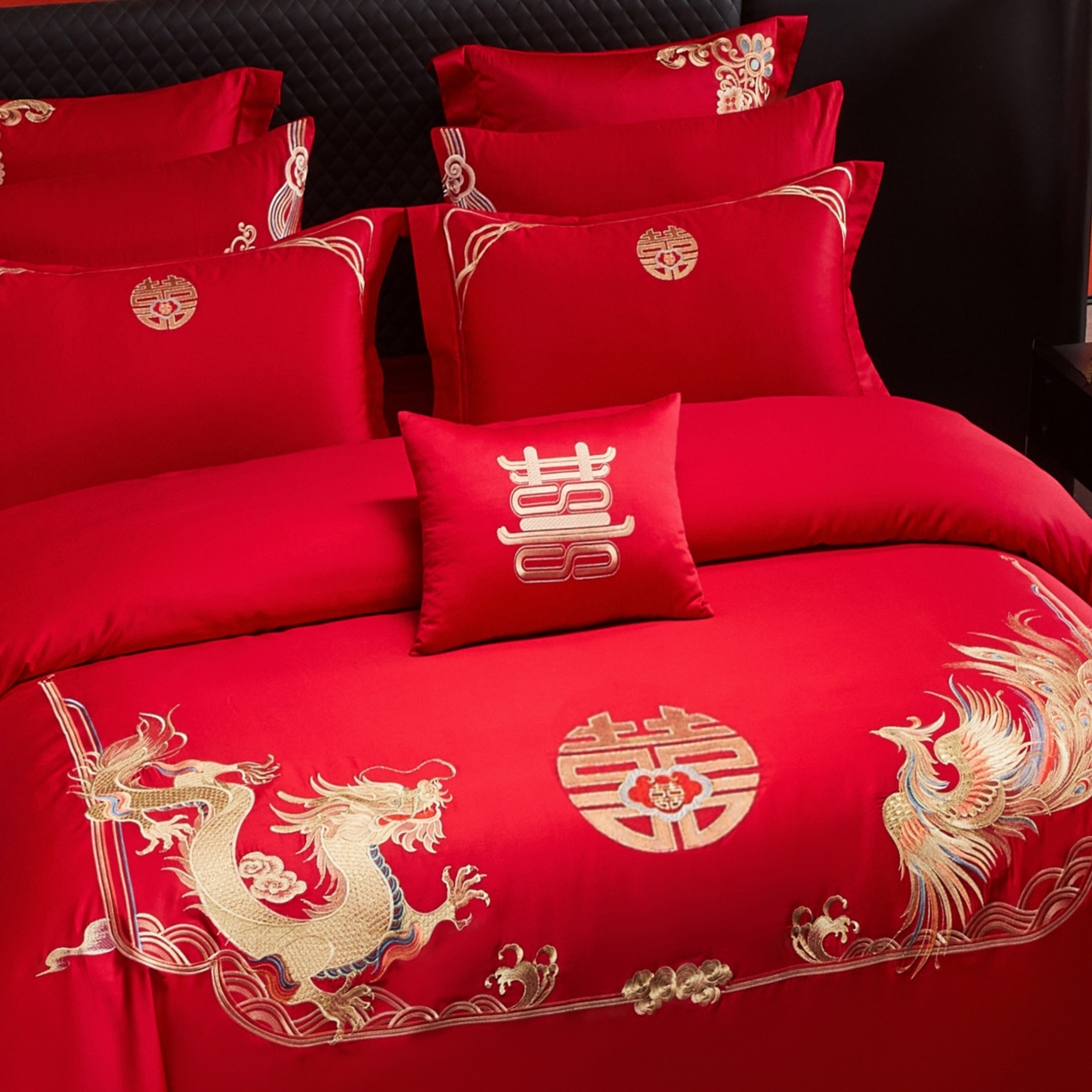 91家纺网 家纺一手货源 找家纺 宏羽纺家纺 2025新款高支高密纯棉婚庆系列四件套 龙凤情-金色