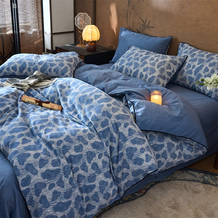 91家纺网 家纺一手货源 找家纺 兰紫橙家纺 2025新款全棉纯棉嵌边色织提花四件套 罗曼人生-牛仔蓝