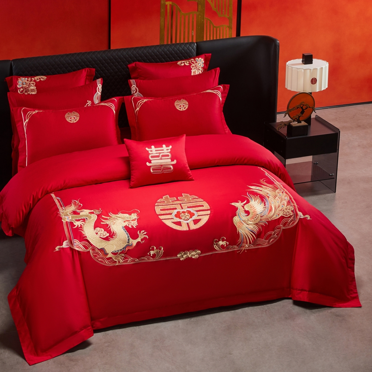 91家纺网 家纺一手货源 找家纺 宏羽纺家纺 2025新款高支高密纯棉婚庆系列四件套 龙凤情-金色