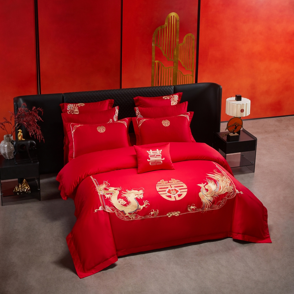 91家纺网 家纺一手货源 找家纺 宏羽纺家纺 2025新款高支高密纯棉婚庆系列四件套 龙凤情-金色