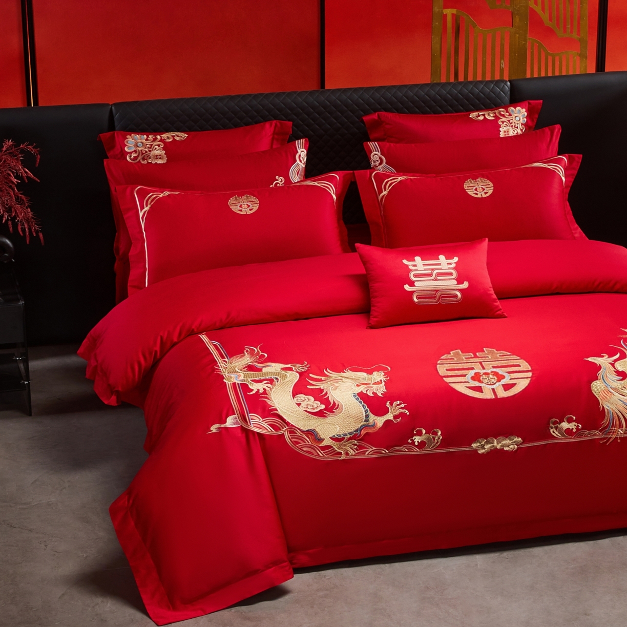 91家纺网 家纺一手货源 找家纺 宏羽纺家纺 2025新款高支高密纯棉婚庆系列四件套 龙凤情-金色