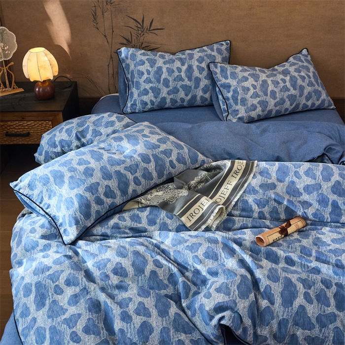 91家纺网 家纺一手货源 找家纺 兰紫橙家纺 2025新款全棉纯棉嵌边色织提花四件套 罗曼人生-牛仔蓝