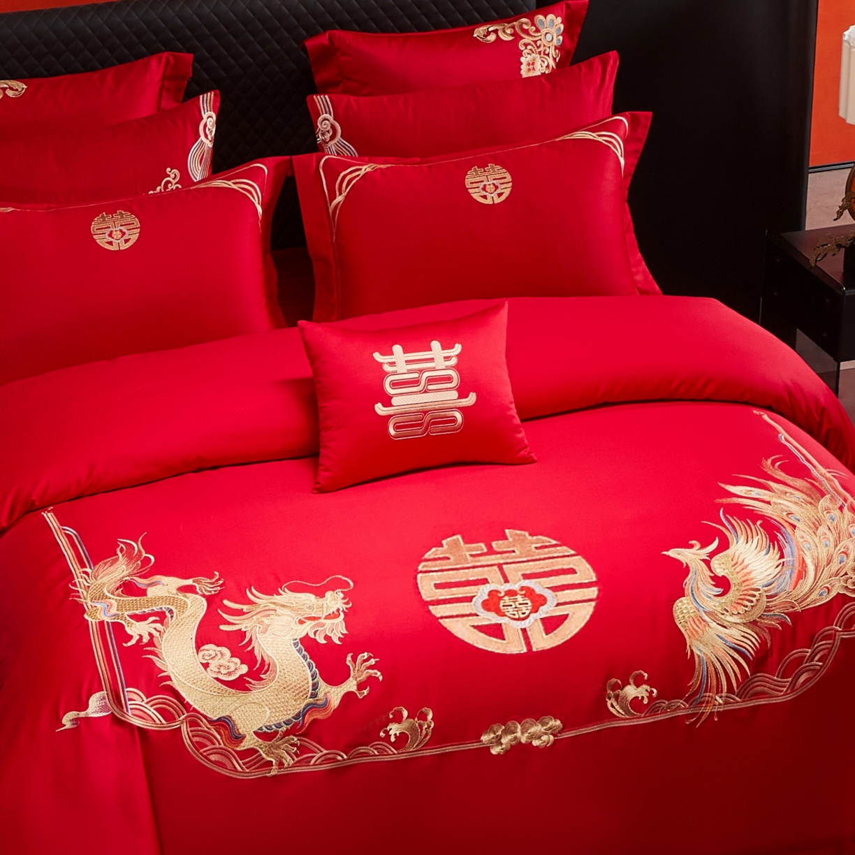 91家纺网 家纺一手货源 找家纺 宏羽纺家纺 2025新款高支高密纯棉婚庆系列四件套 龙凤情-金色