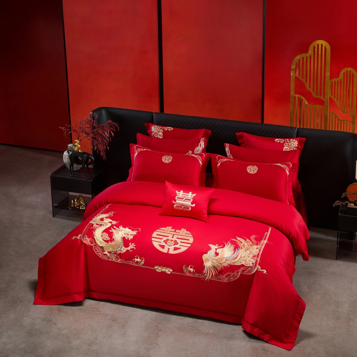 91家纺网 家纺一手货源 找家纺 宏羽纺家纺 2025新款高支高密纯棉婚庆系列四件套 龙凤情-金色