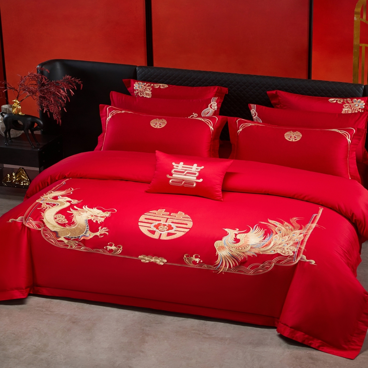 91家纺网 家纺一手货源 找家纺 宏羽纺家纺 2025新款高支高密纯棉婚庆系列四件套 龙凤情-金色