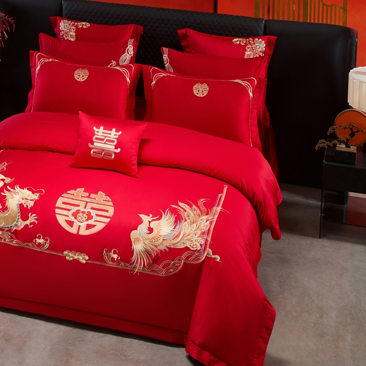 91家纺网 家纺一手货源 找家纺 宏羽纺家纺 2025新款高支高密纯棉婚庆系列四件套 龙凤情-金色