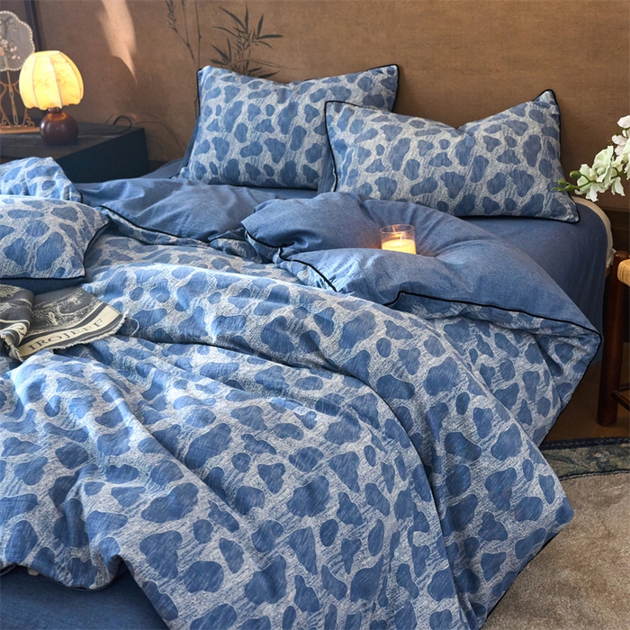 91家纺网 家纺一手货源 找家纺 兰紫橙家纺 2025新款全棉纯棉嵌边色织提花四件套 罗曼人生-牛仔蓝