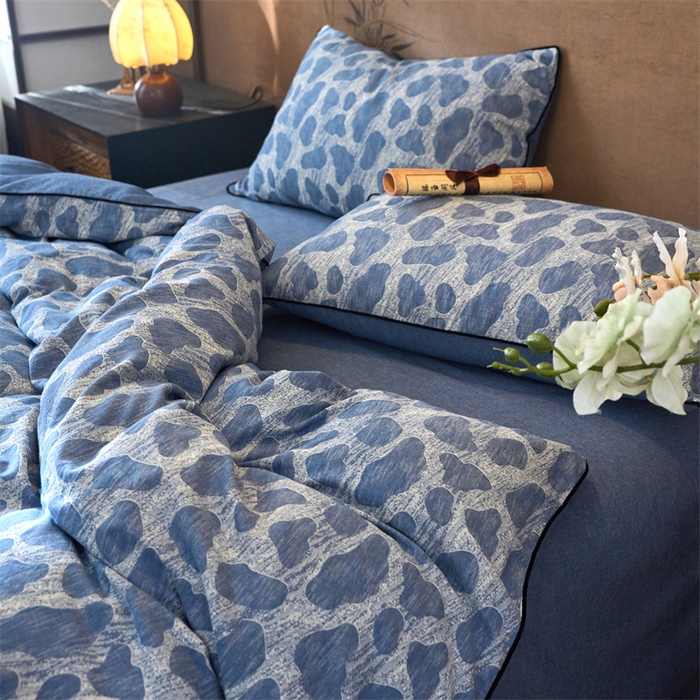 91家纺网 家纺一手货源 找家纺 兰紫橙家纺 2025新款全棉纯棉嵌边色织提花四件套 罗曼人生-牛仔蓝