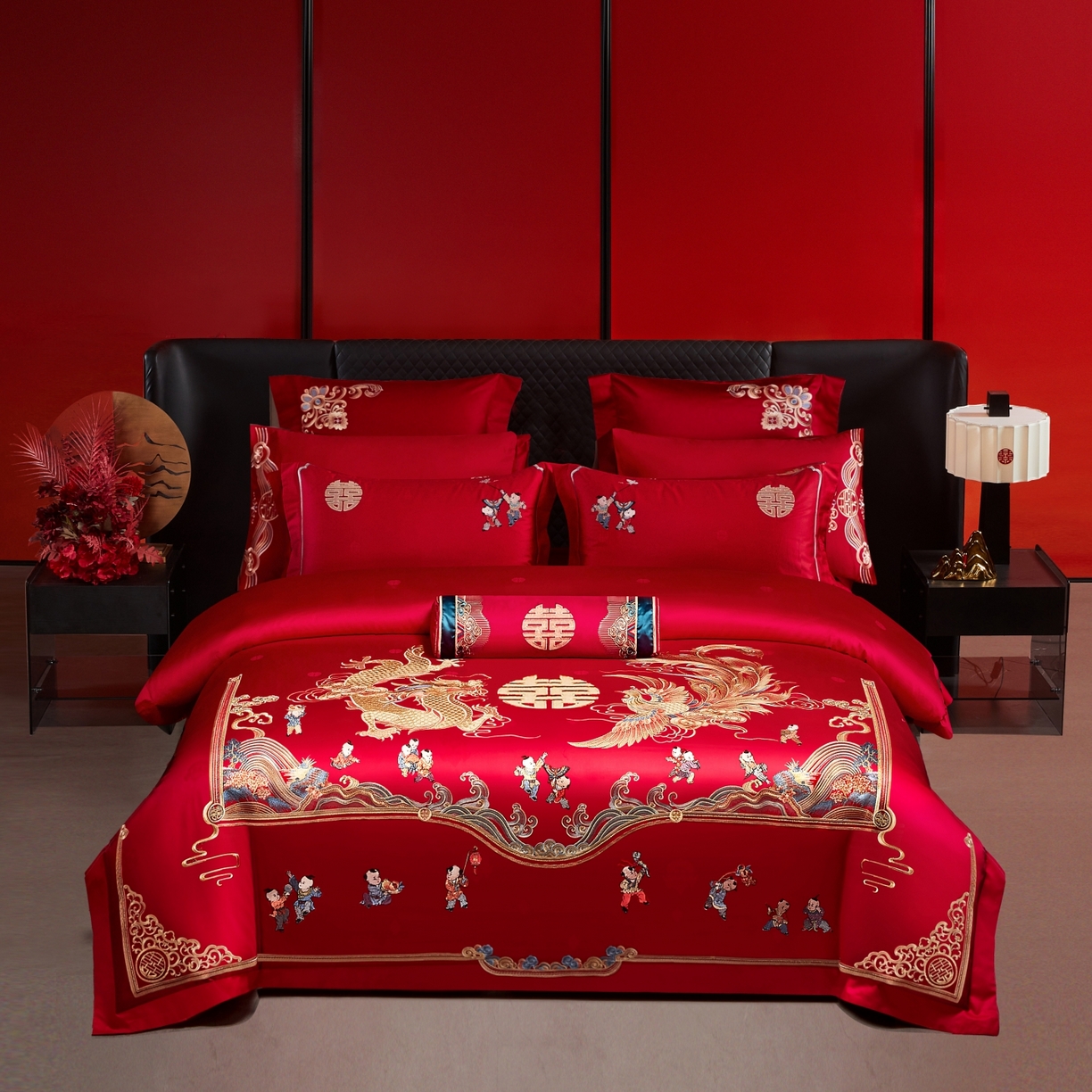 91家纺网 家纺一手货源 找家纺 宏羽纺家纺 2025新款高支高密纯棉婚庆系列四件套 龙凤迎子