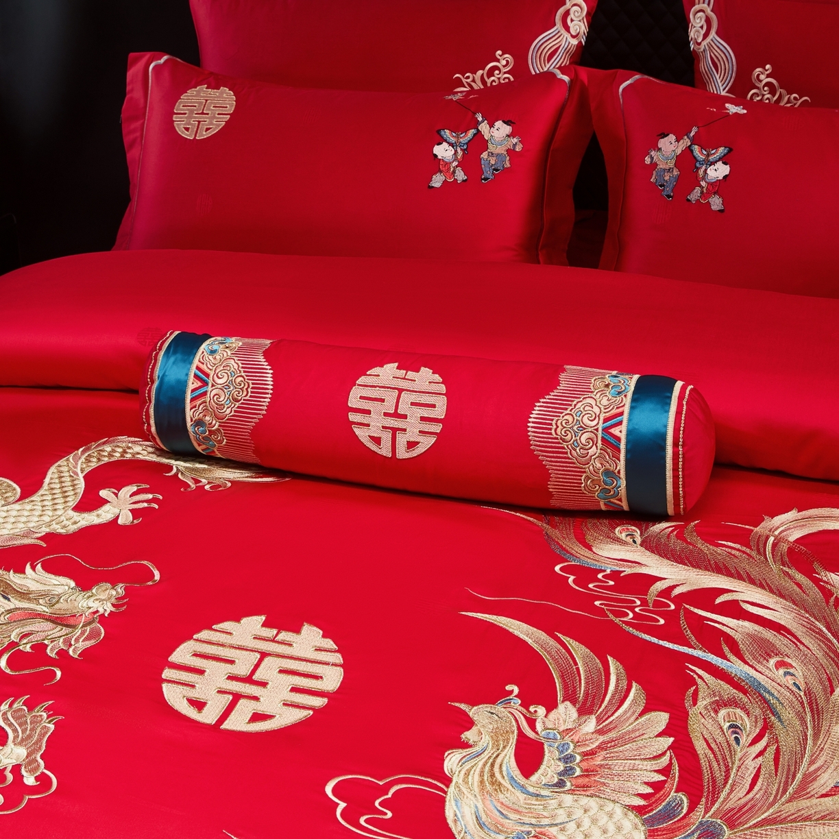 91家纺网 家纺一手货源 找家纺 宏羽纺家纺 2025新款高支高密纯棉婚庆系列四件套 龙凤迎子