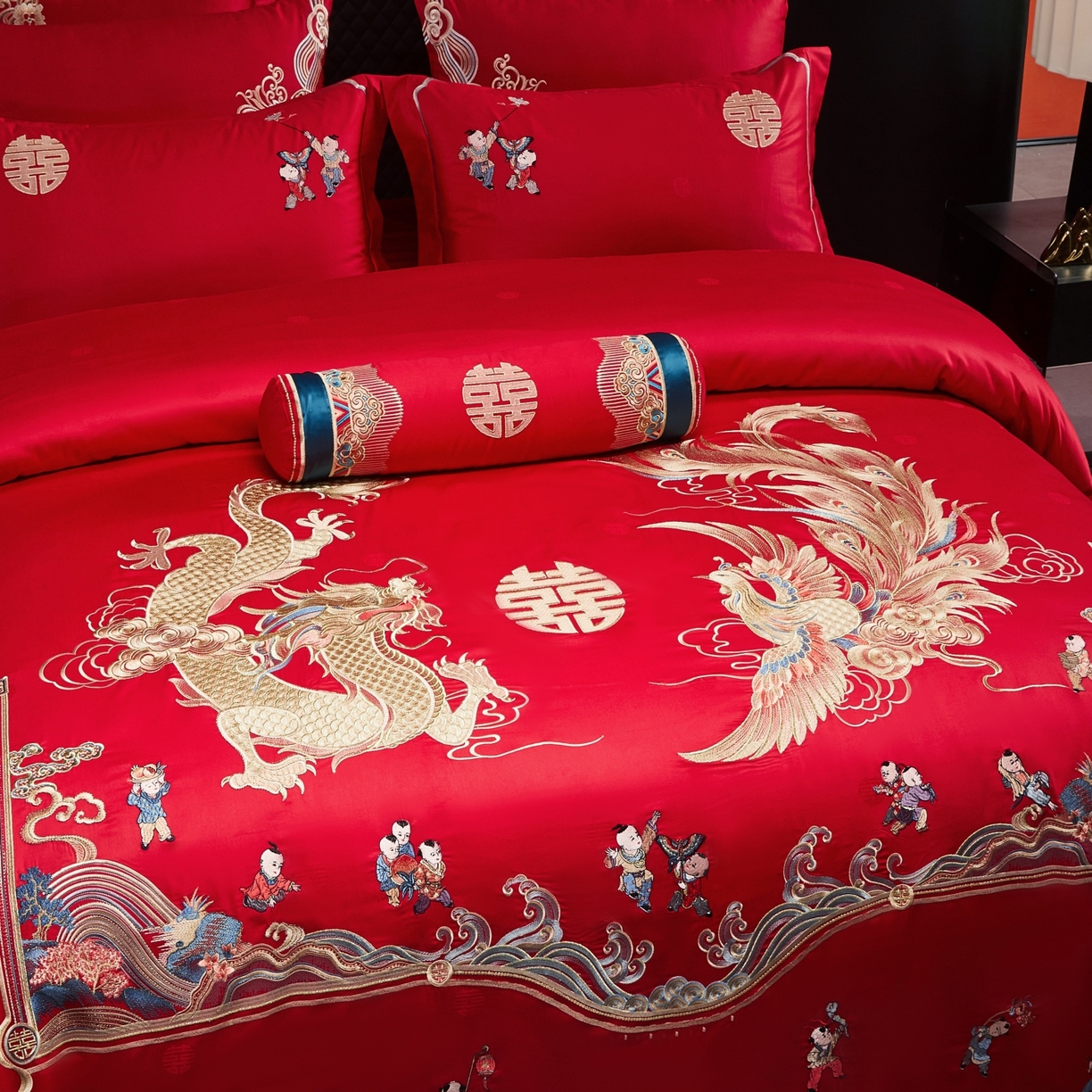 91家纺网 家纺一手货源 找家纺 宏羽纺家纺 2025新款高支高密纯棉婚庆系列四件套 龙凤迎子