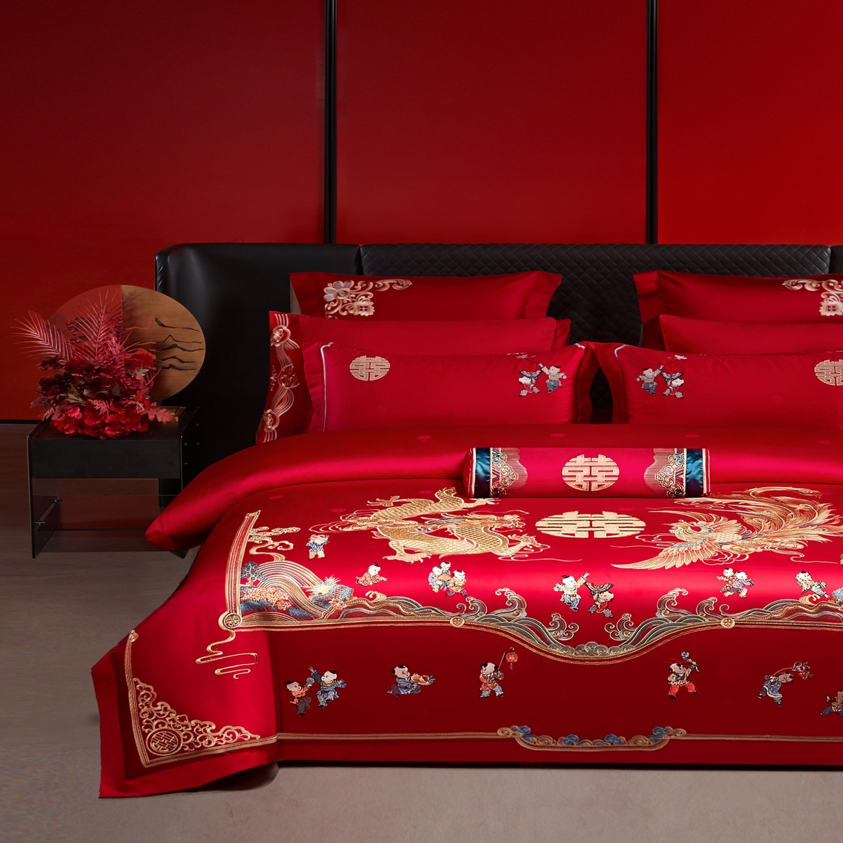 91家纺网 家纺一手货源 找家纺 宏羽纺家纺 2025新款高支高密纯棉婚庆系列四件套 龙凤迎子