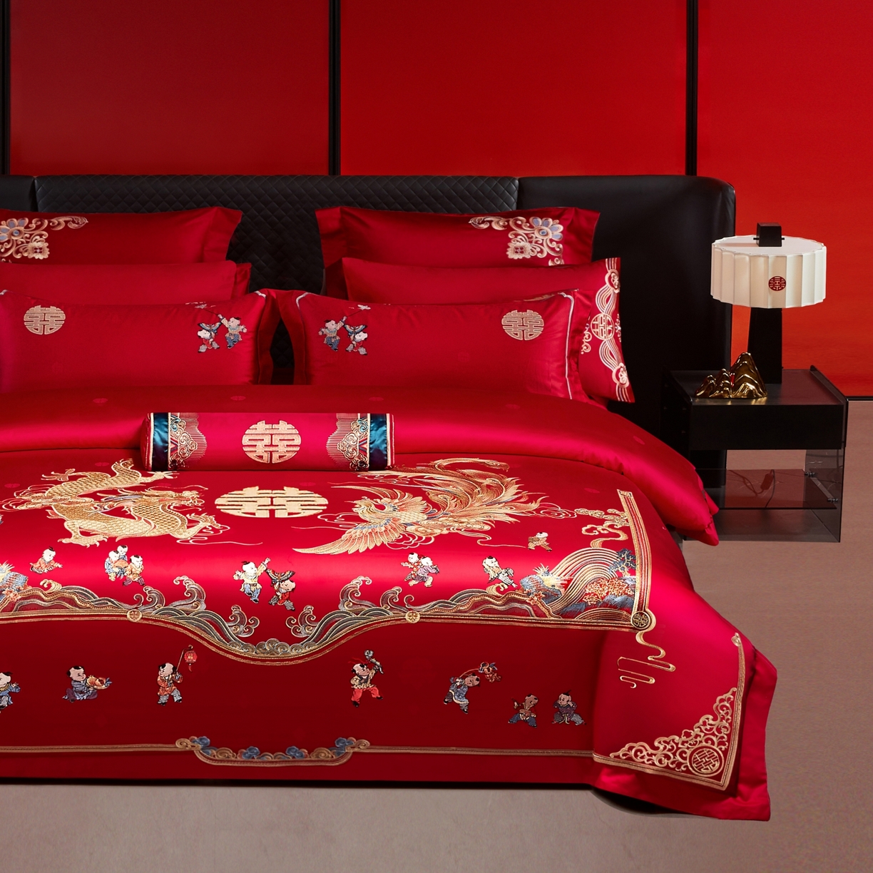 91家纺网 家纺一手货源 找家纺 宏羽纺家纺 2025新款高支高密纯棉婚庆系列四件套 龙凤迎子