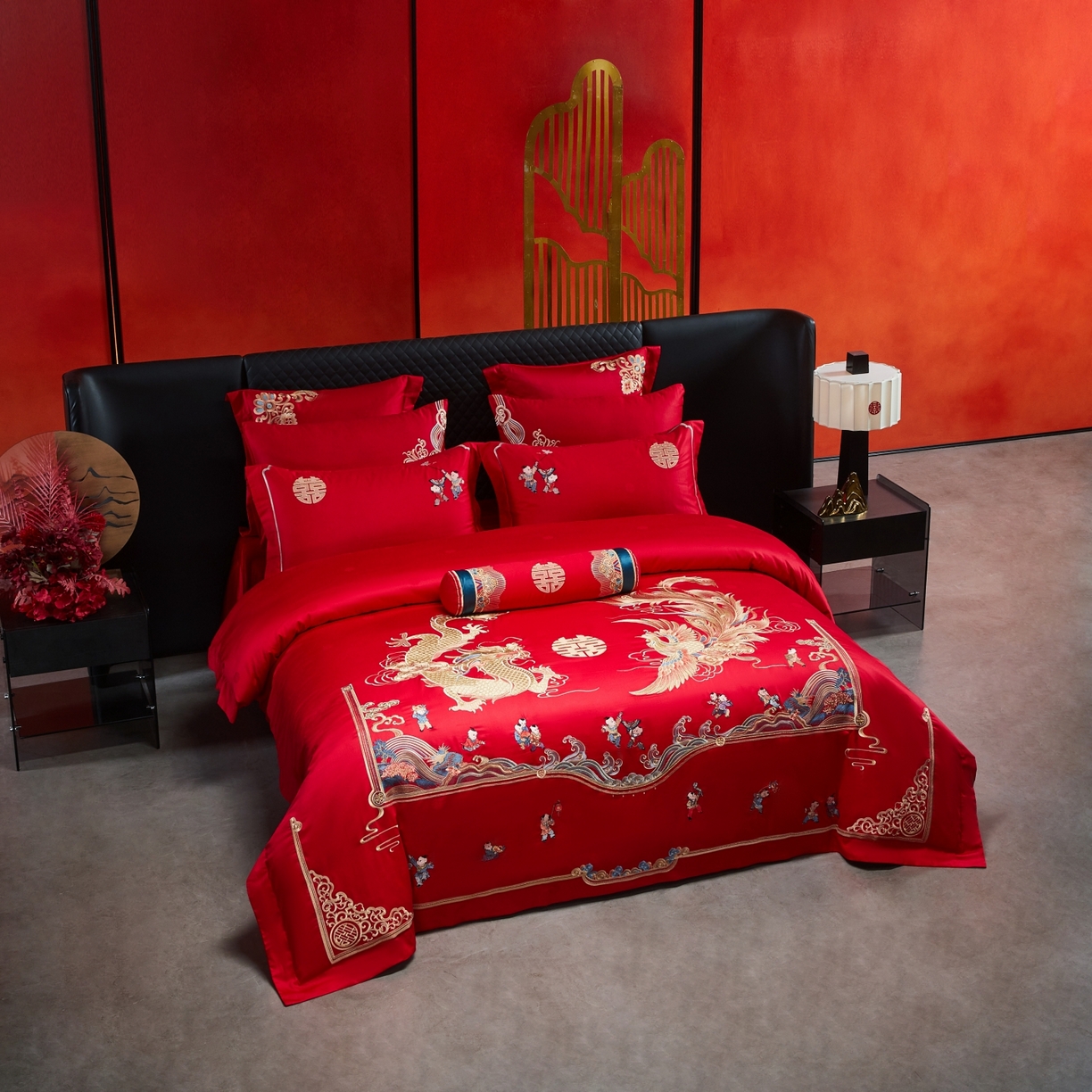 91家纺网 家纺一手货源 找家纺 宏羽纺家纺 2025新款高支高密纯棉婚庆系列四件套 龙凤迎子