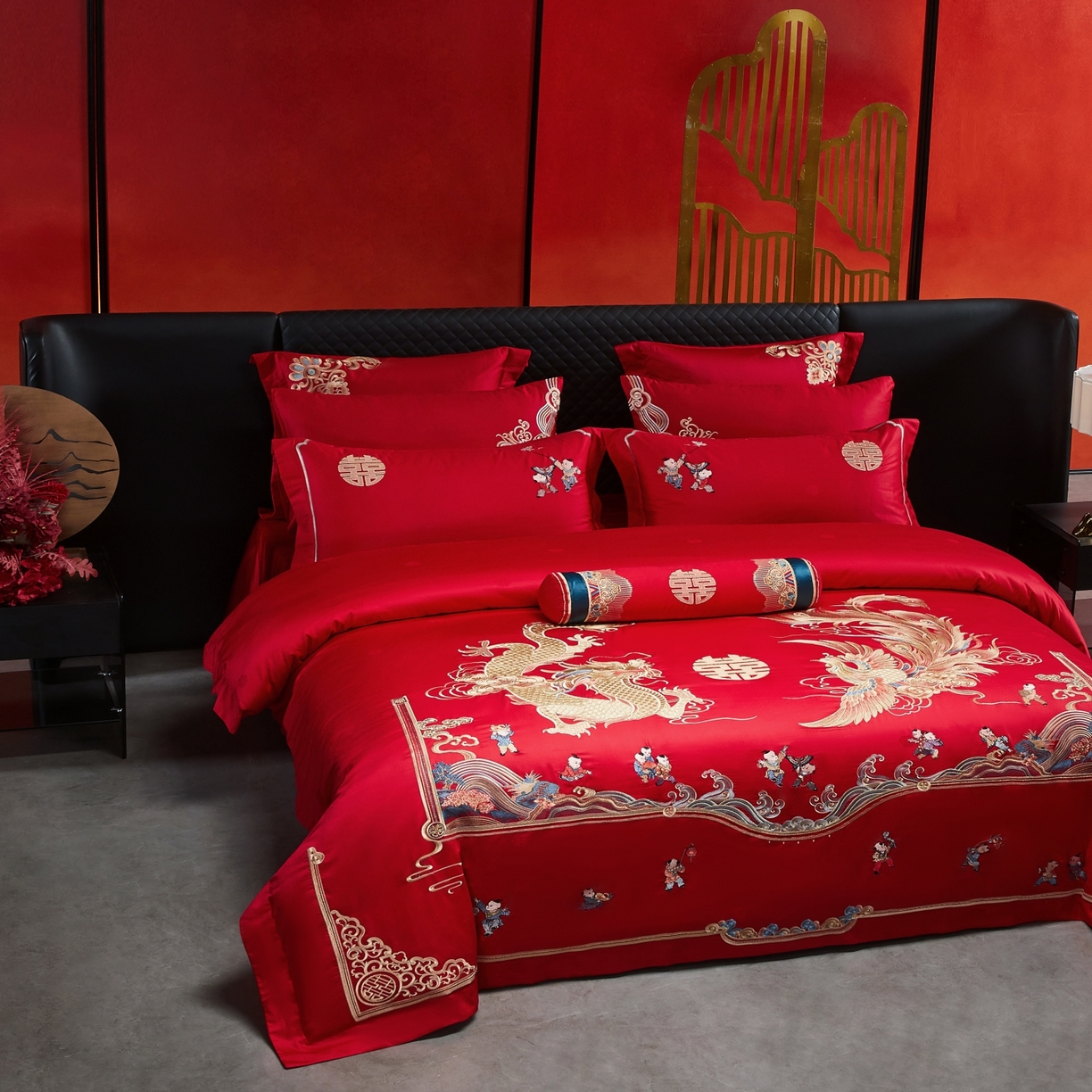 91家纺网 家纺一手货源 找家纺 宏羽纺家纺 2025新款高支高密纯棉婚庆系列四件套 龙凤迎子