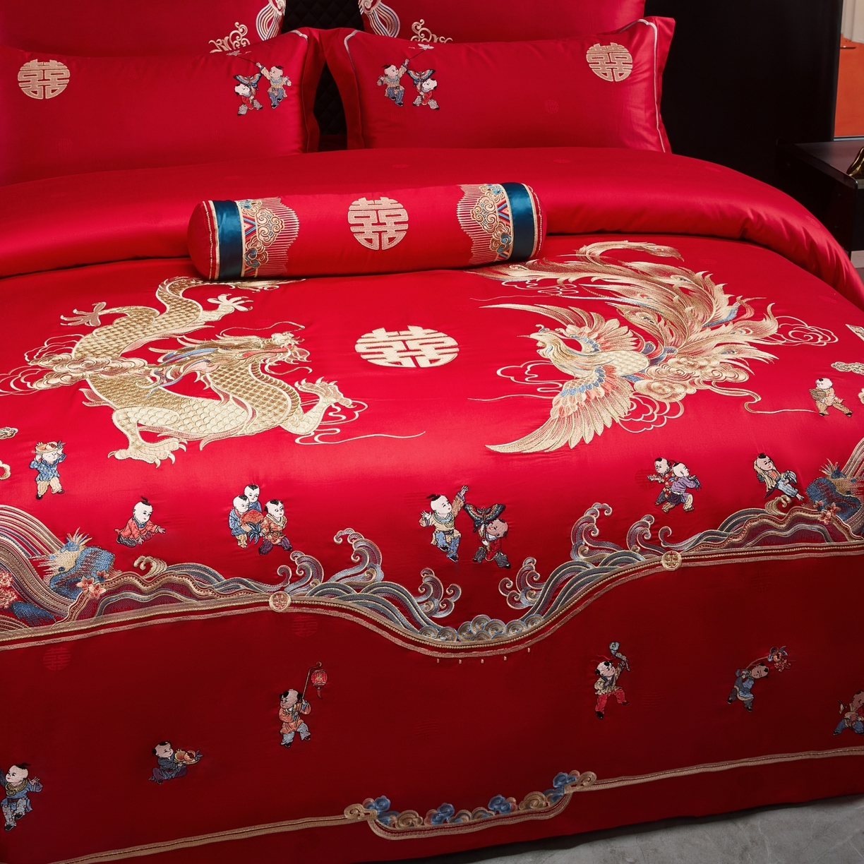 91家纺网 家纺一手货源 找家纺 宏羽纺家纺 2025新款高支高密纯棉婚庆系列四件套 龙凤迎子