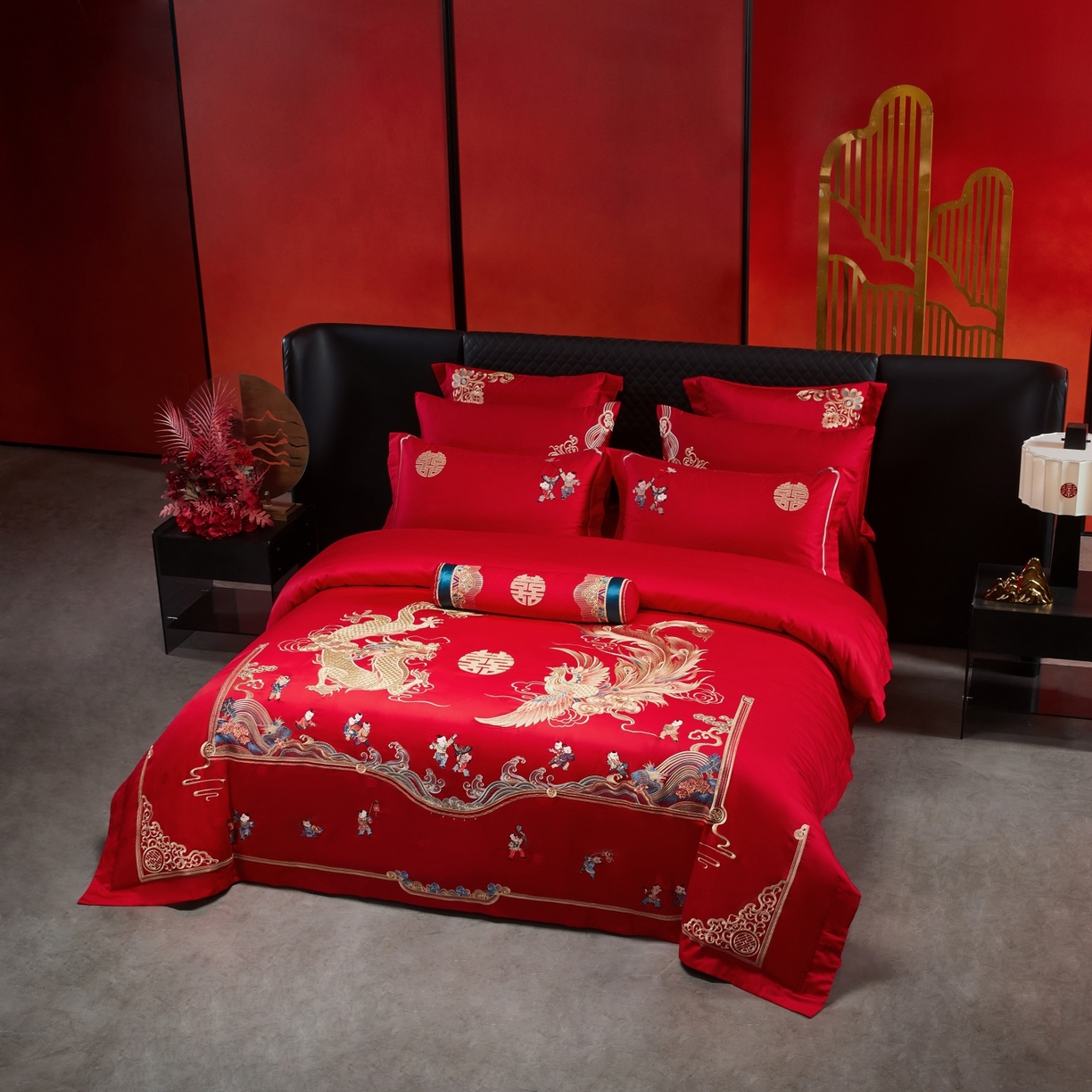 91家纺网 家纺一手货源 找家纺 宏羽纺家纺 2025新款高支高密纯棉婚庆系列四件套 龙凤迎子