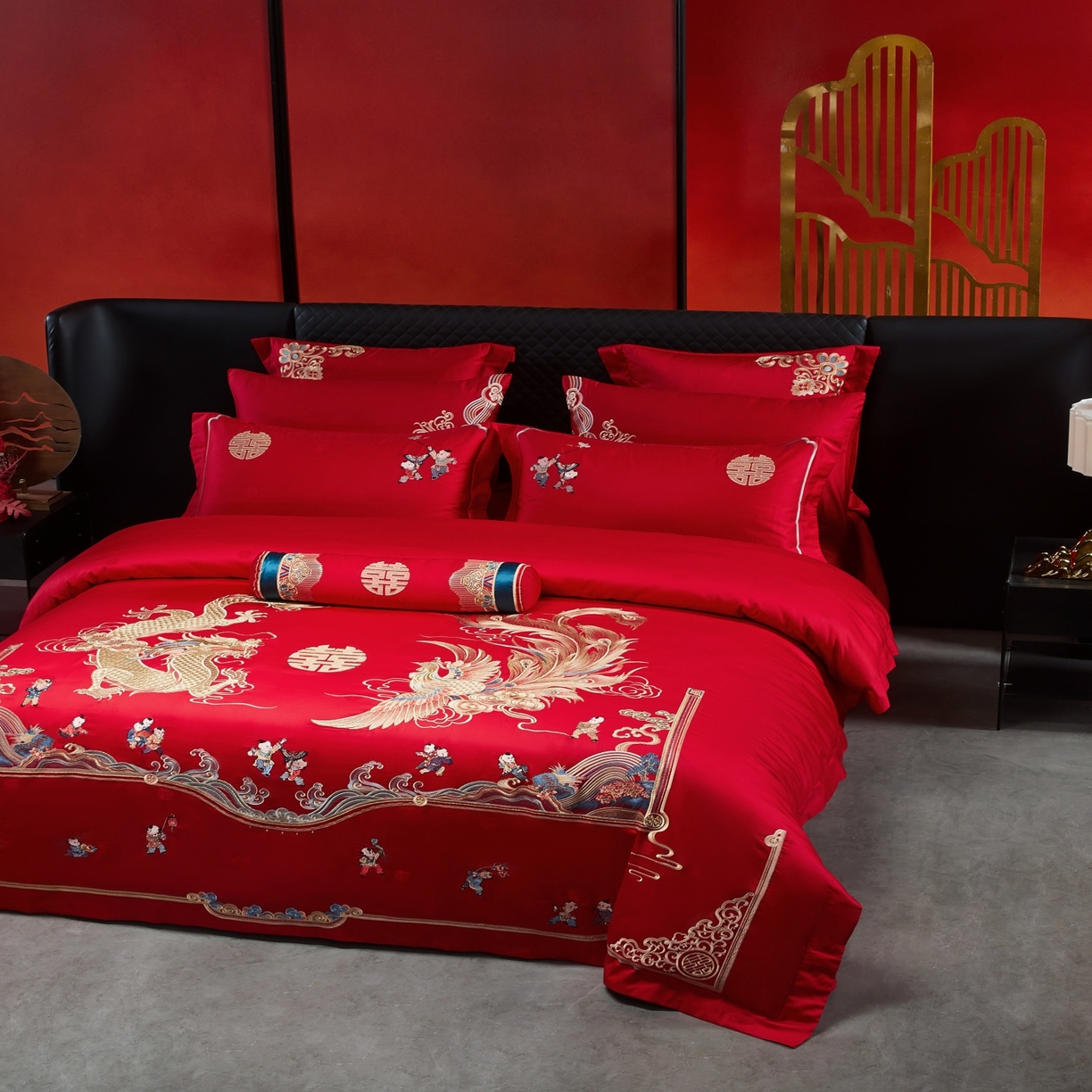 91家纺网 家纺一手货源 找家纺 宏羽纺家纺 2025新款高支高密纯棉婚庆系列四件套 龙凤迎子