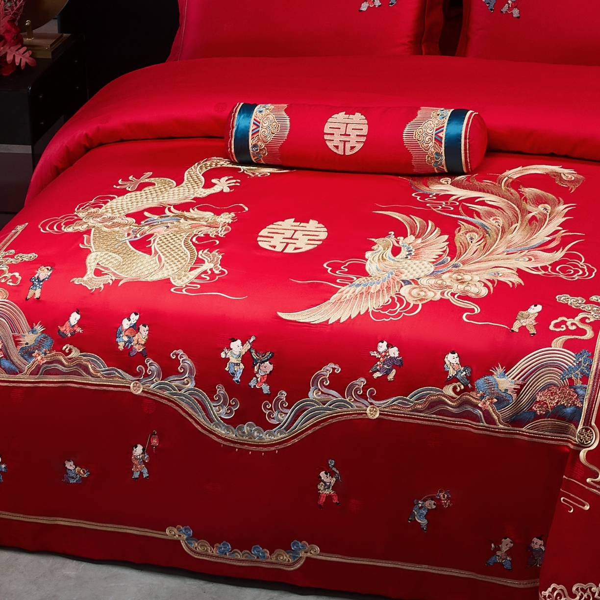 91家纺网 家纺一手货源 找家纺 宏羽纺家纺 2025新款高支高密纯棉婚庆系列四件套 龙凤迎子