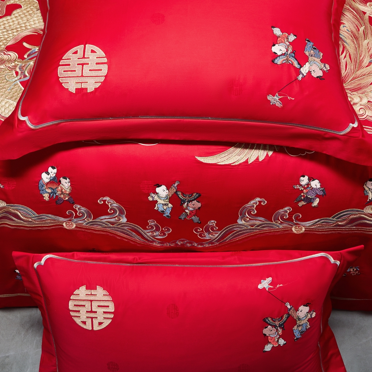 91家纺网 家纺一手货源 找家纺 宏羽纺家纺 2025新款高支高密纯棉婚庆系列四件套 龙凤迎子