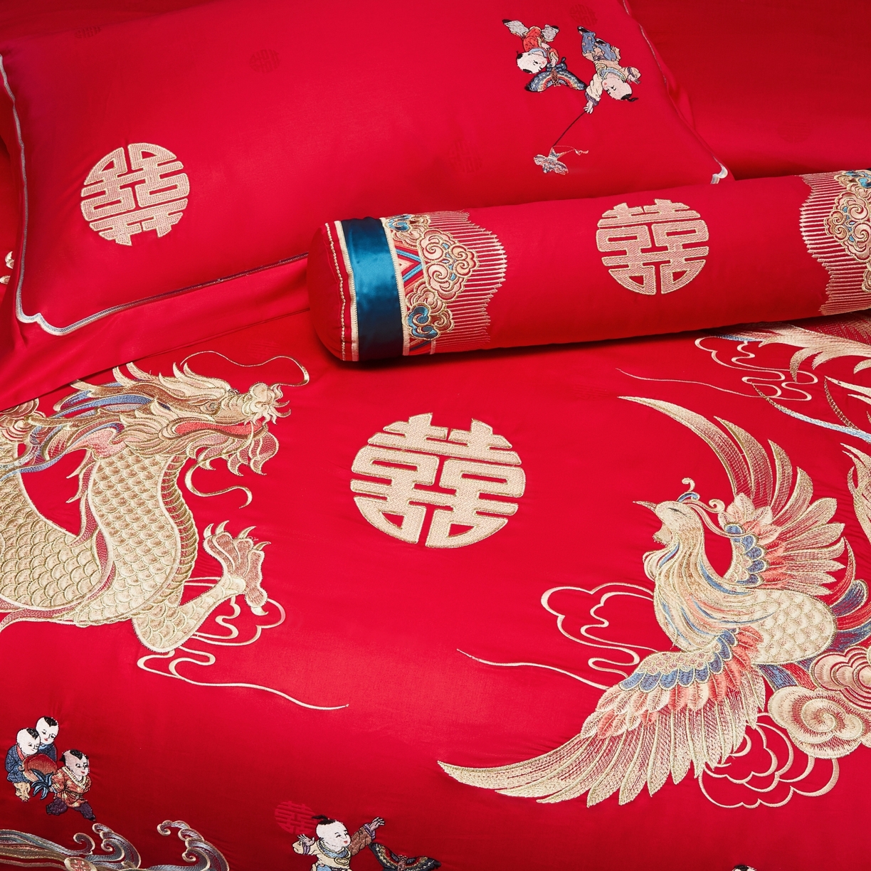 91家纺网 家纺一手货源 找家纺 宏羽纺家纺 2025新款高支高密纯棉婚庆系列四件套 龙凤迎子
