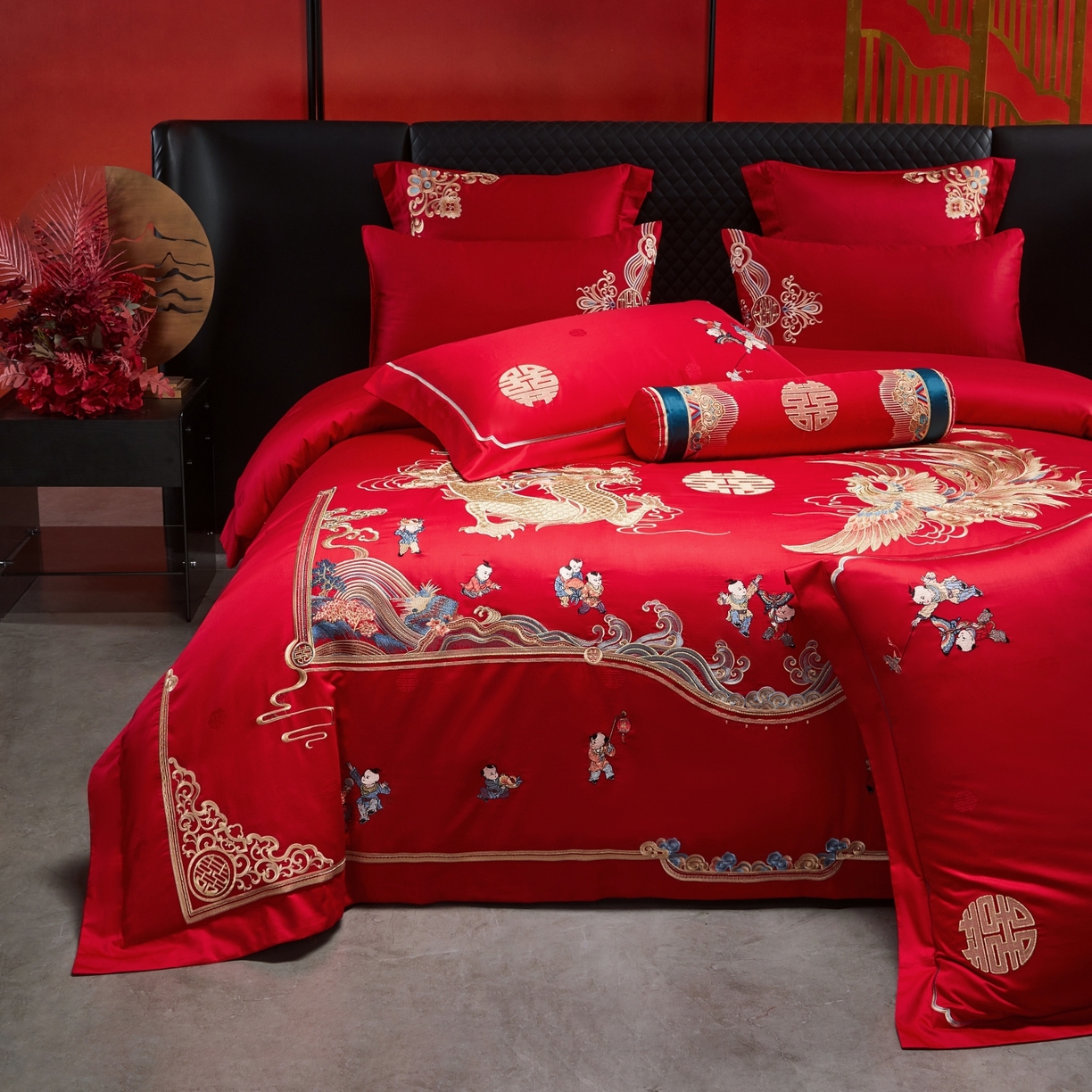 91家纺网 家纺一手货源 找家纺 宏羽纺家纺 2025新款高支高密纯棉婚庆系列四件套 龙凤迎子