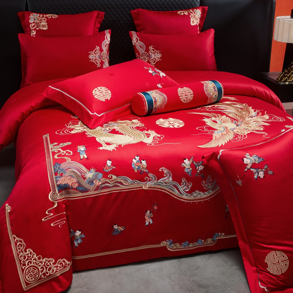 91家纺网 家纺一手货源 找家纺 宏羽纺家纺 2025新款高支高密纯棉婚庆系列四件套 龙凤迎子