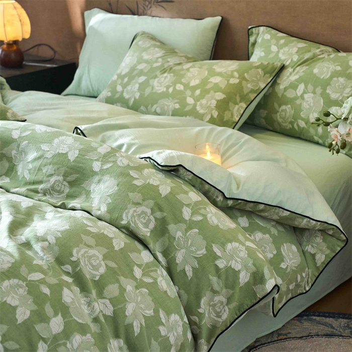 兰紫橙家纺 2025新款全棉纯棉嵌边色织提花四件套 玫瑰之约-草绿