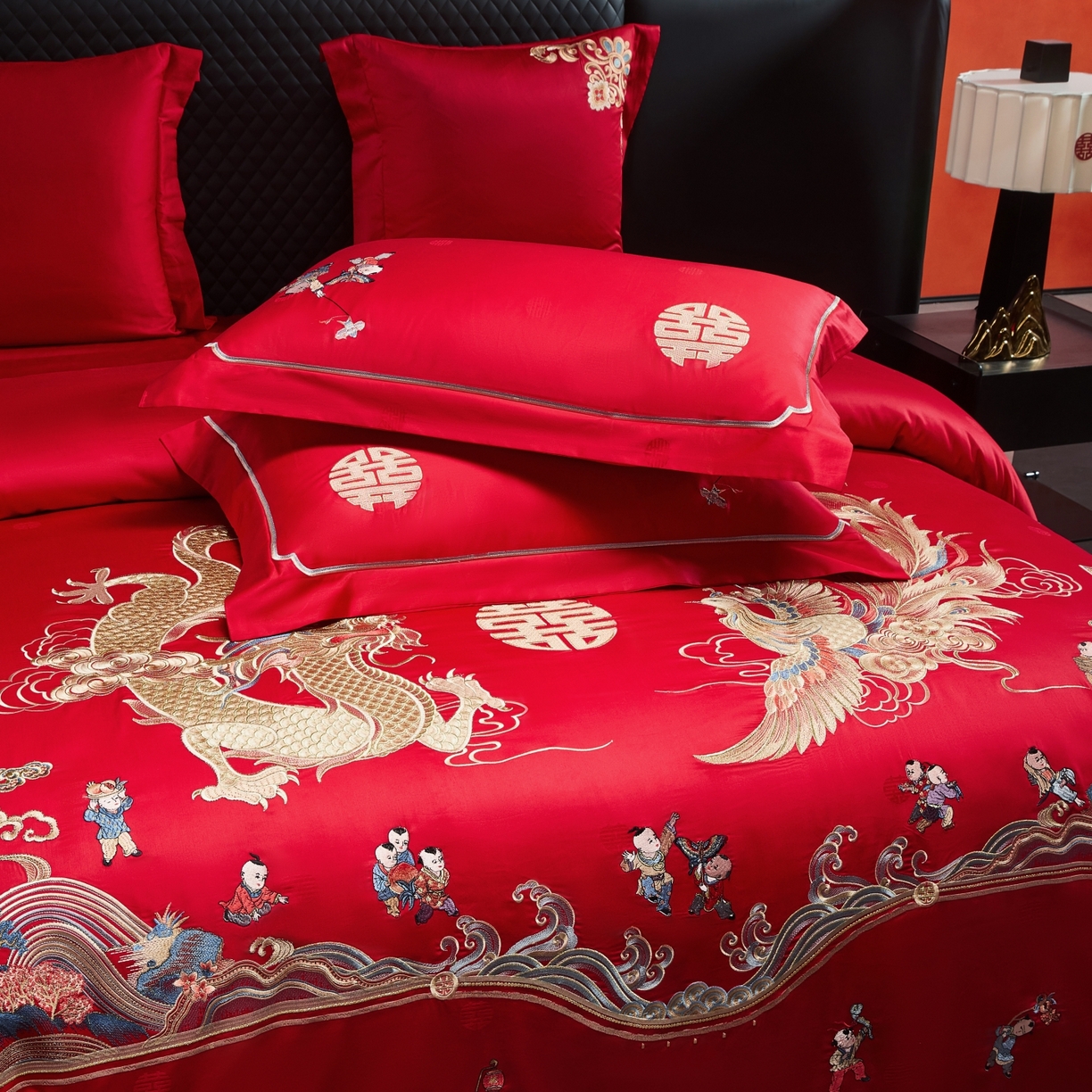 91家纺网 家纺一手货源 找家纺 宏羽纺家纺 2025新款高支高密纯棉婚庆系列四件套 龙凤迎子