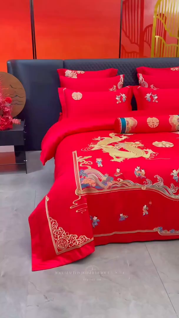 91家纺网 家纺一手货源 找家纺 宏羽纺家纺 2025新款高支高密纯棉婚庆系列四件套 龙凤迎子