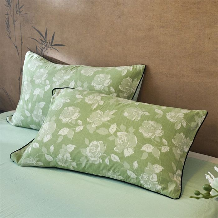 91家纺网 家纺一手货源 找家纺 兰紫橙家纺 2025新款全棉纯棉嵌边色织提花四件套 玫瑰之约-草绿