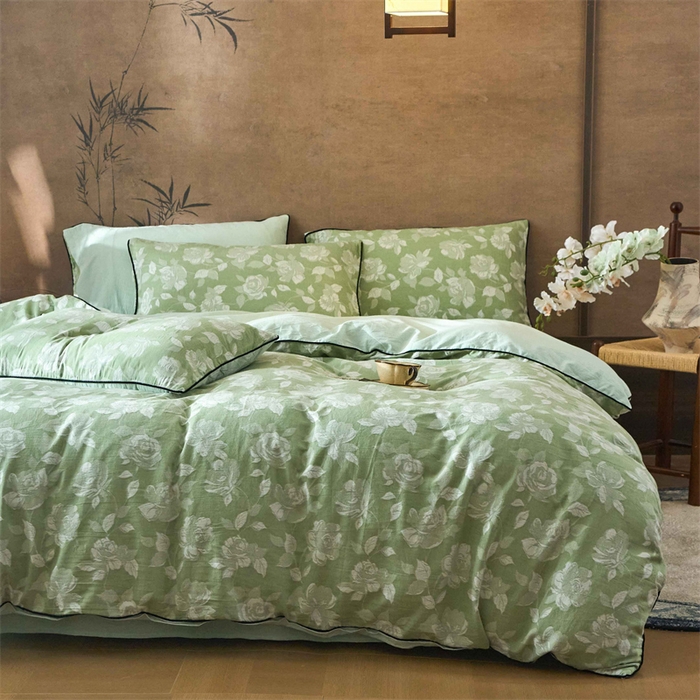 91家纺网 家纺一手货源 找家纺 兰紫橙家纺 2025新款全棉纯棉嵌边色织提花四件套 玫瑰之约-草绿